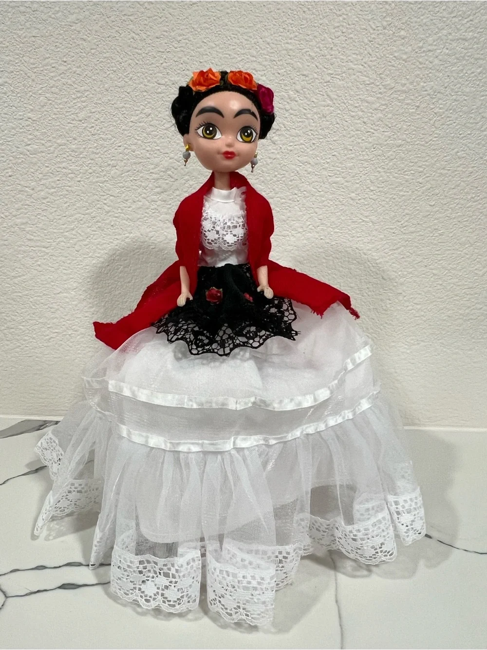 Frida-Style Girls Costume Dress with Red Shawl and White Skirt